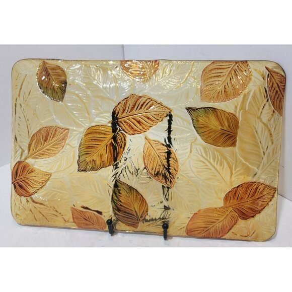 Vtg Fused Glass Rectangular Flat Textured Serving Dish Fall Leaves 9x14 Inches - Picture 2 of 10